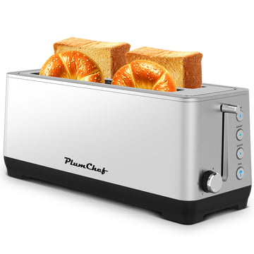 4-Slice Extra Wide Long Slot Toaster (Silver, 1500W) - Stainless Steel with Warming Rack, Removable Crumb Tray, 6