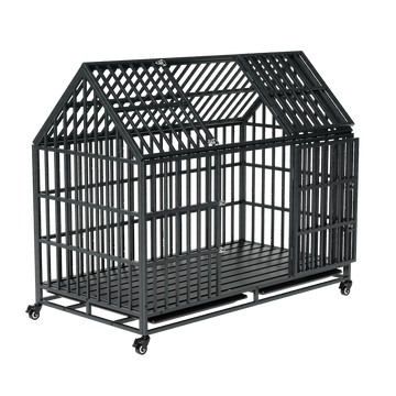 Black 52 Inches Heavy Duty Dog Crate with Roof Top with Iron