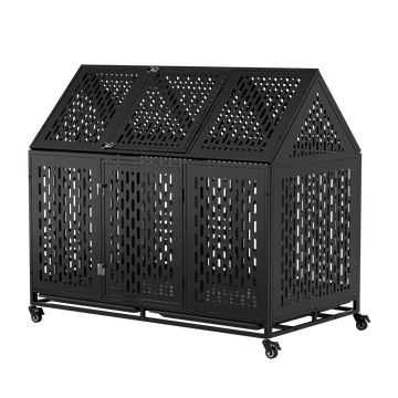 Black 52 Inches Heavy Duty Dog Crate with Roof Top with Iron