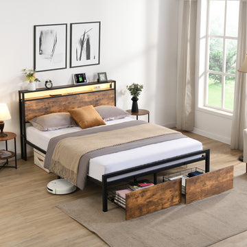 Full Size Industrial Bed Frame with Storage Headboard LED Lights Charging Station and 2 Underbed Drawers