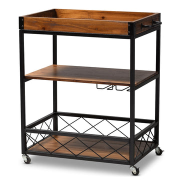 32.6 Inches Tall Industrial Style Rolling Kitchen Island Wine Cart with Black Finished, Fir Wood Mobile Metal Wine Bar Cart with Glass Rack, Oak Brown