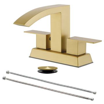 Brushed Gold 4 Inch Centerset Faucet SUS304 Waterfall Spout 1.2GPM Dual Handle Pop Up Drain