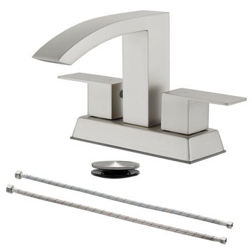 Brushed 4 Inch Centerset Faucet SUS304 Waterfall Spout 1.2GPM Dual Handle Pop Up Drain