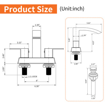 Brushed 4 Inch Centerset Faucet SUS304 Waterfall Spout 1.2GPM Dual Handle Pop Up Drain