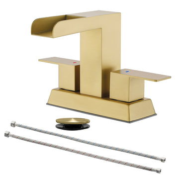 Brushed Gold 4 Inch Centerset Faucet SUS304 Waterfall Spout 1.2GPM Dual Handle Pop Up Drain