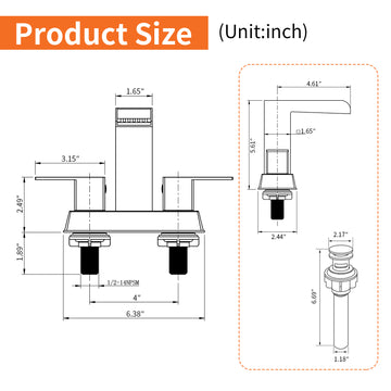 Brushed 4 Inch Centerset Faucet SUS304 Waterfall Spout 1.2GPM Dual Handle Pop Up Drain