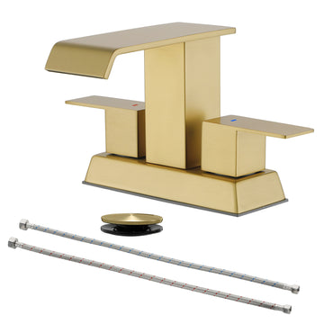 Brushed Gold 4 Inch Centerset Faucet SUS304 Waterfall Spout 1.2GPM Dual Handle Pop Up Drain