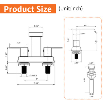 Brushed Gold 4 Inch Centerset Faucet SUS304 Waterfall Spout 1.2GPM Dual Handle Pop Up Drain