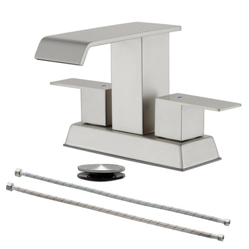 Brushed 4 Inch Centerset Faucet SUS304 Waterfall Spout 1.2GPM Dual Handle Pop Up Drain