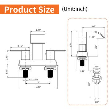 Black 4 Inch Centerset Faucet SUS304 Waterfall Spout 1.2GPM Dual Handle Pop Up Drain