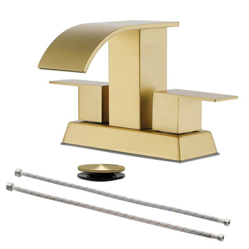 Brushed Gold 4 Inch Centerset Faucet SUS304 Waterfall Spout 1.2GPM Dual Handle Pop Up Drain