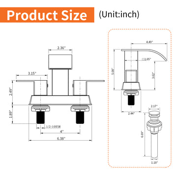 Brushed Gold 4 Inch Centerset Faucet SUS304 Waterfall Spout 1.2GPM Dual Handle Pop Up Drain