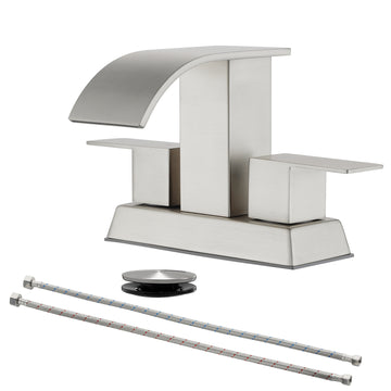 Brushed 4 Inch Centerset Faucet SUS304 Waterfall Spout 1.2GPM Dual Handle Pop Up Drain