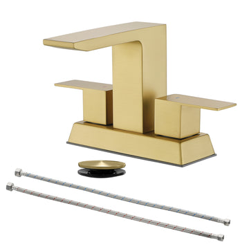 Brushed Gold 4 Inch Centerset Faucet SUS304 Waterfall Spout 1.2GPM Dual Handle Pop Up Drain