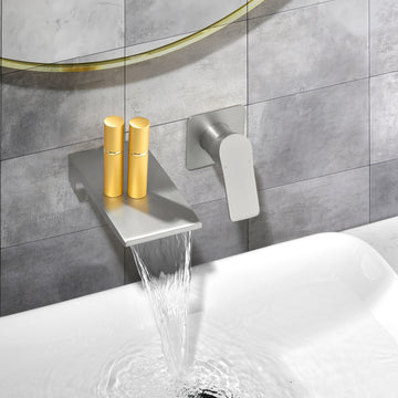 Brushed Wall Mount Faucet SUS304 Waterfall Spout cUPC Cartridge Single Handle 1/2NPT Thread