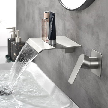 Brushed Wall Mount Faucet SUS304 Waterfall Spout cUPC Cartridge Single Handle 1/2NPT Thread