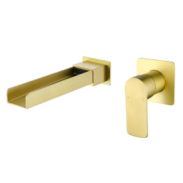 Modern Brushed Gold Wall Mount Bathroom Faucet with Waterfall Spout