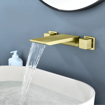 Brushed Gold Wall Mount Faucet SUS304 Waterfall Spout Brass Body Dual Handle 1/2NPT Thread