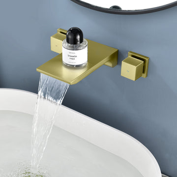 Brushed Gold Wall Mount Faucet SUS304 Waterfall Spout Brass Body Dual Handle 1/2NPT Thread