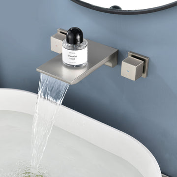 Brushed Wall Mount Faucet SUS304 Waterfall Spout Brass Body Dual Handle 1/2NPT Thread