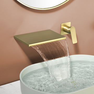 Brushed Gold Wall Mount Faucet SUS304 Waterfall Spout Brass Body Single Handle 1/2NPT Thread