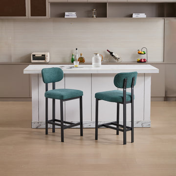 Bar Stools Set of 2 26 Inch Upholstered Fabric Counter Height Barstools Black Metal Legs