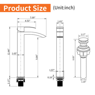 Black Faucet SUS304 Waterfall Spout cUPC Cartridge 60cm Supply Line Pop Up Drain