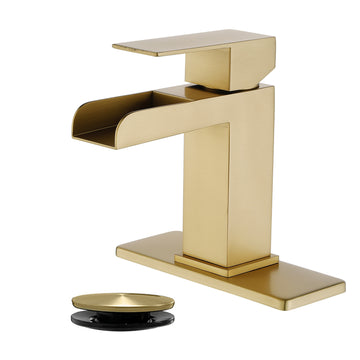 Brushed Gold Faucet SUS304 Waterfall Spout cUPC Cartridge 60cm Supply Line Pop Up Drain