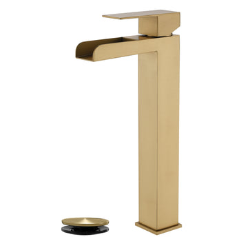 Brushed Gold Faucet SUS304 Waterfall Spout cUPC Cartridge 60cm Supply Line Pop Up Drain