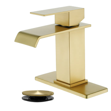 Brushed Gold Faucet SUS304 Waterfall Spout cUPC Cartridge 60cm Supply Line Pop Up Drain