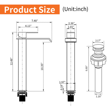 Black Faucet SUS304 Waterfall Spout cUPC Cartridge 60cm Supply Line Pop Up Drain