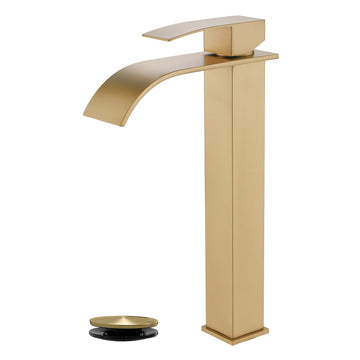 Brushed Gold Faucet SUS304 Waterfall Spout cUPC Cartridge 60cm Supply Line Pop Up Drain