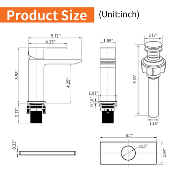 Black Faucet SUS304 Waterfall Spout cUPC Cartridge 60cm Supply Line Pop Up Drain