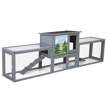 Gray with Colorful Patterns Large 2Story Outdoor Rabbit Hutch Bunny House with Dual Runs Resting Room PC Sun Roof wit