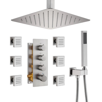 Brushed-Nickel-Celling-Mount-Thermostatic-Rain-Shower-System-with-Handheld-Shower-and-Wall-Body-Jets-3-Functions-Wall-Mount-Shower-Faucet
