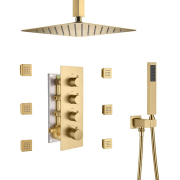 Brushed-Gold-Celling-Mount-Thermostatic-Rain-Shower-System-with-Handheld-Shower-and-Wall-Body-Jets-3-Functions-Wall-Mount-Shower-Faucet