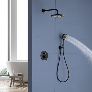 Modern Matte Black Shower System with 9 Inch ABS Rain Shower and 6 Function Hand Shower