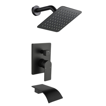 Single Handle 1 Spray Tub and Shower Faucet with 8 Inch Square Fixed Shower Head in Matte Black Valve Included