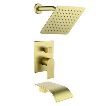 Single Handle 1 Spray Tub and Shower Faucet with 8 Inch Square Fixed Shower Head in Brushed Gold Valve Included