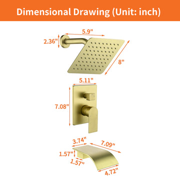 Single Handle 1 Spray Tub and Shower Faucet with 8 Inch Square Fixed Shower Head in Brushed Gold Valve Included