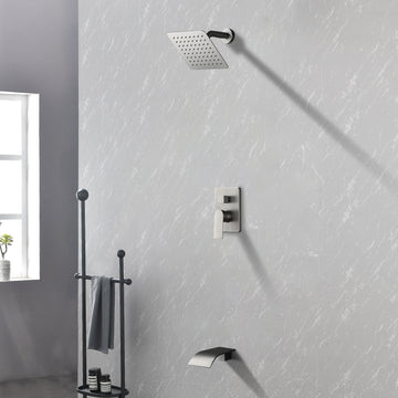 Single Handle 1 Spray Tub and Shower Faucet with 8 Inch Square Fixed Shower Head in Brushed Nickel Valve Included