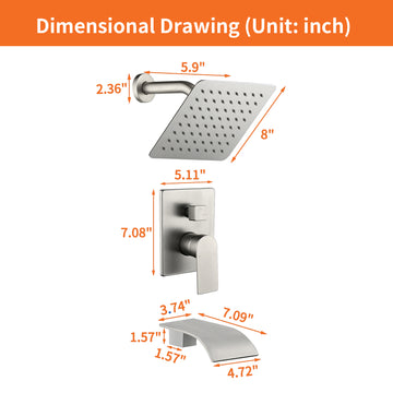 Single Handle 1 Spray Tub and Shower Faucet with 8 Inch Square Fixed Shower Head in Brushed Nickel Valve Included