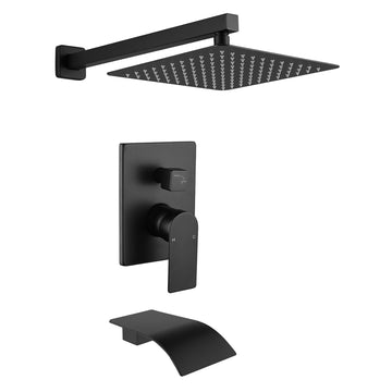 Single Handle 1 Spray Tub and Shower Faucet with 10 Inch Square Fixed Shower Head in Matte Black Valve Included