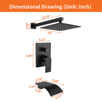Single Handle 1 Spray Tub and Shower Faucet with 10 Inch Square Fixed Shower Head in Matte Black Valve Included