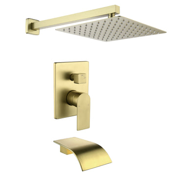 Single Handle 1 Spray Tub and Shower Faucet with 10 Inch Square Fixed Shower Head in Brushed Gold Valve Included