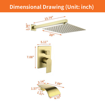 Single Handle 1 Spray Tub and Shower Faucet with 10 Inch Square Fixed Shower Head in Brushed Gold Valve Included