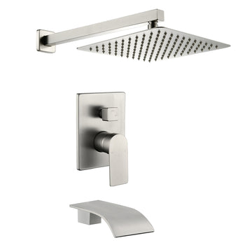 Single Handle 1 Spray Tub and Shower Faucet with 10 Inch Square Fixed Shower Head in Brushed Nickel Valve Included