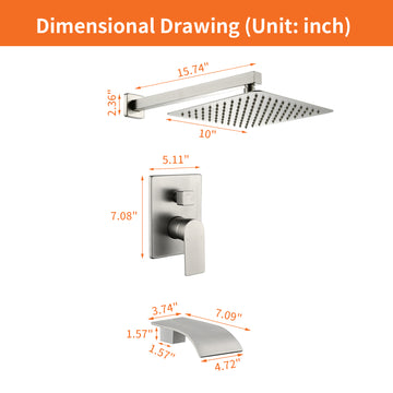 Single Handle 1 Spray Tub and Shower Faucet with 10 Inch Square Fixed Shower Head in Brushed Nickel Valve Included