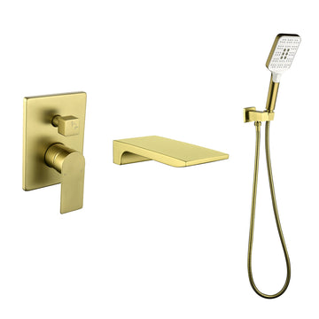 Modern Brushed Gold Wall Mounted Bathtub Faucet With 3 Function Hand Shower