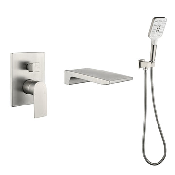 Modern Brushed Nickel Wall Mounted Bathtub Faucet With 3 Function Hand Shower